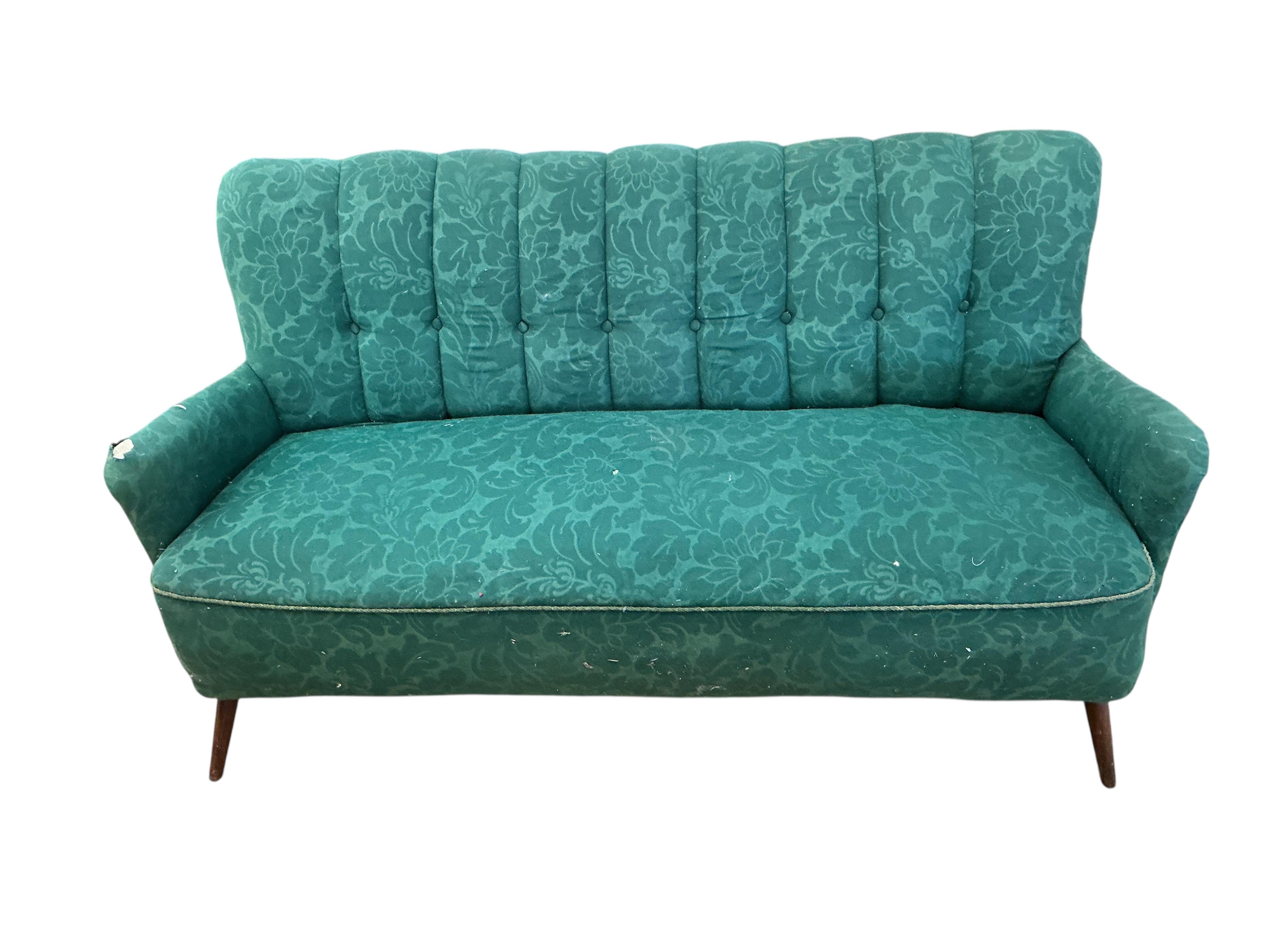 A mid century upholstered settee, width 150cm, depth 70cm, height 80cm